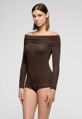 Langarmshirt mit drapiertem Ausschnitt aus Modal und Cashmere Perfect Line Cashmere - Schokolade 3 - Chocolate 3 | Oroblù