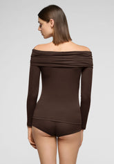 Langarmshirt mit drapiertem Ausschnitt aus Modal und Cashmere Perfect Line Cashmere - Schokolade 3 - Chocolate 3 | Oroblù