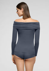 Long-Sleeve Draped-Neck Top in Modal and Cashmere Perfect Line Cashmere - Metal - Metal 2 | Oroblù