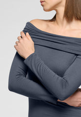 Long-Sleeve Draped-Neck Top in Modal and Cashmere Perfect Line Cashmere - Metal - Metal 2 | Oroblù