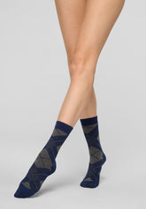 Shine Check Warm-Cotton Short Socks - Navy Blue 2 - Marine 2 | Oroblù