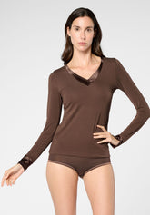 Maglia Scollo V Manica Lunga in Cotone e Modal Perfect Line Cotton - Marrone Scuro - Dark brown | Oroblù