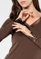 Maglia Scollo V Manica Lunga in Cotone e Modal Perfect Line Cotton - Marrone Scuro - Dark brown | Oroblù