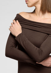 Langarmshirt mit drapiertem Ausschnitt aus Modal und Cashmere Perfect Line Cashmere - Schokolade 3 - Chocolate 3 | Oroblù