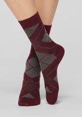 Shine Check Warm-Cotton Short Socks - Bordeaux 11 - Bordeaux 11 | Oroblù