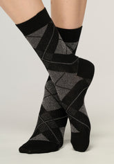 Shine Check Warm-Cotton Short Socks - Black - Black | Oroblù
