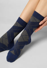 Shine Check Warm-Cotton Short Socks - Navy Blue 2 - Marine 2 | Oroblù