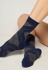 Shine Check Warm-Cotton Short Socks - Navy Blue 2 - Marine 2 | Oroblù