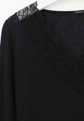 Maglia Scollo V Manica Lunga in Modal e Cashmere con Pizzo Perfect Cashmere - Nero - Black | Oroblù