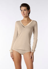 Maglia Scollo V Manica Lunga in Cotone e Modal Perfect Line Cotton - Sabbia - Sand | Oroblù