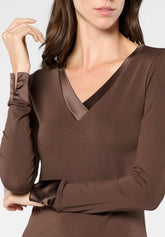 Maglia Scollo V Manica Lunga in Cotone e Modal Perfect Line Cotton - Marrone Scuro - Dark brown | Oroblù