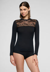 Maglia Carré in Pizzo Manica Lunga in Modal e Cashmere Perfect Line Cashmere Lace - Nero - Black | Oroblù