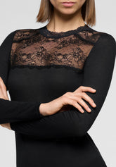 Maglia Carré in Pizzo Manica Lunga in Modal e Cashmere Perfect Line Cashmere Lace - Nero - Black | Oroblù
