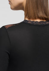 Maglia Carré in Pizzo Manica Lunga in Modal e Cashmere Perfect Line Cashmere Lace - Nero - Black | Oroblù